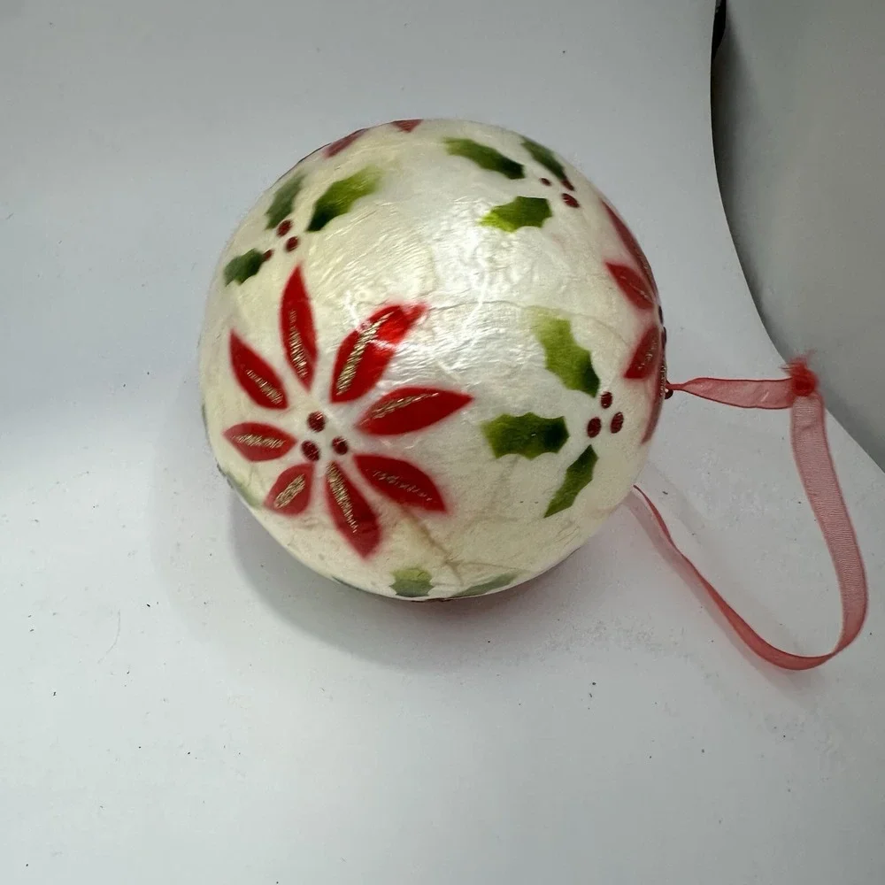 Hand Painted Capiz Shell Holiday Ornament Poinsettias 3inch Christmas